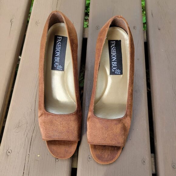Vintage 90s y2k Fashion Bug Brown Satin Open Toe Chunky Formal Glam Heel Pumps 9 - Picture 4 of 8